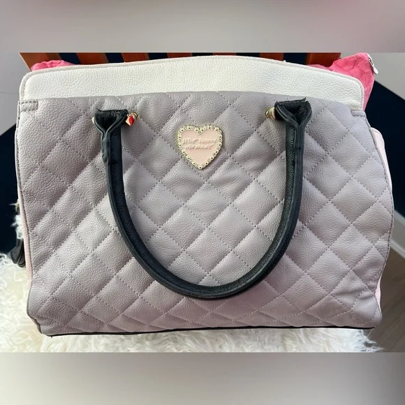 Betsey Johnson Light Pink and Gray Quilted Satchel with Heart Charm - Picture 9 of 11